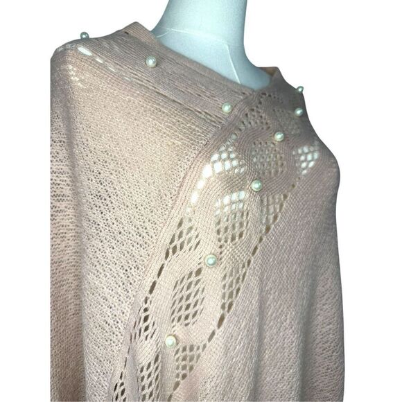 C-Mode Women’s OS Pullover Knit Poncho Sweater Fringe Pearls Pink NEW - Picture 3 of 7
